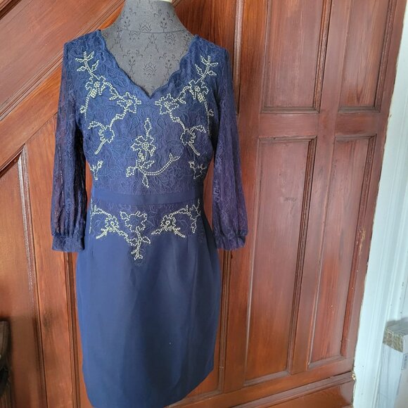 Vicky And Lucas Navy Blue Lace Dress  Embroidery Long Sleeves Size L NWT - Picture 1 of 8